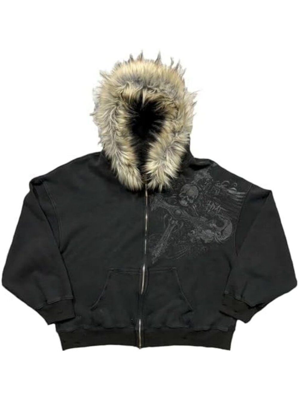Oversized Y2K Goth Fur Hooded Jacket | Graphic Zip-Up Hoodie | Emo Grunge